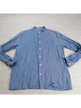 Muji Mens Shirt Large Blue Two Tone Mandarin Band Collar 100% Hemp
